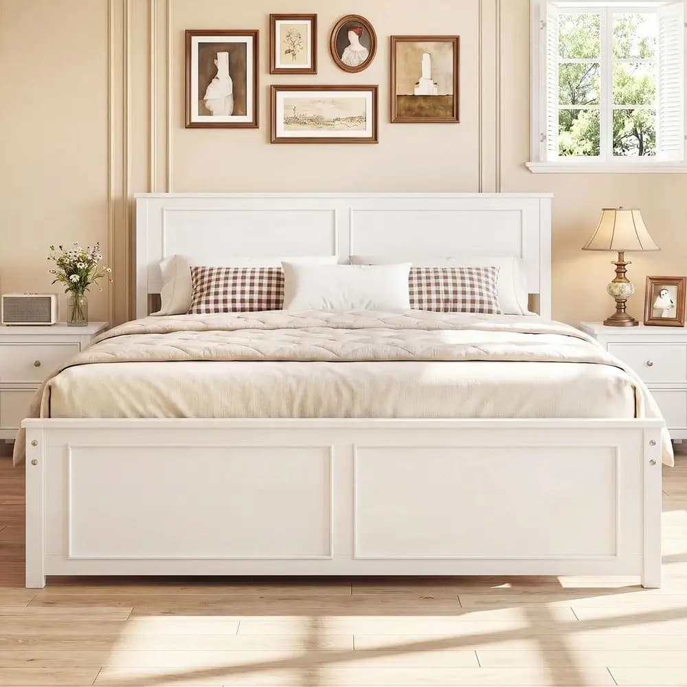 Struttura letto matrimoniale in legno con testiera, letto a piattaforma massiccio in stile rustico con supporto a doghe in legno, base per materasso, contenitore sotto il letto