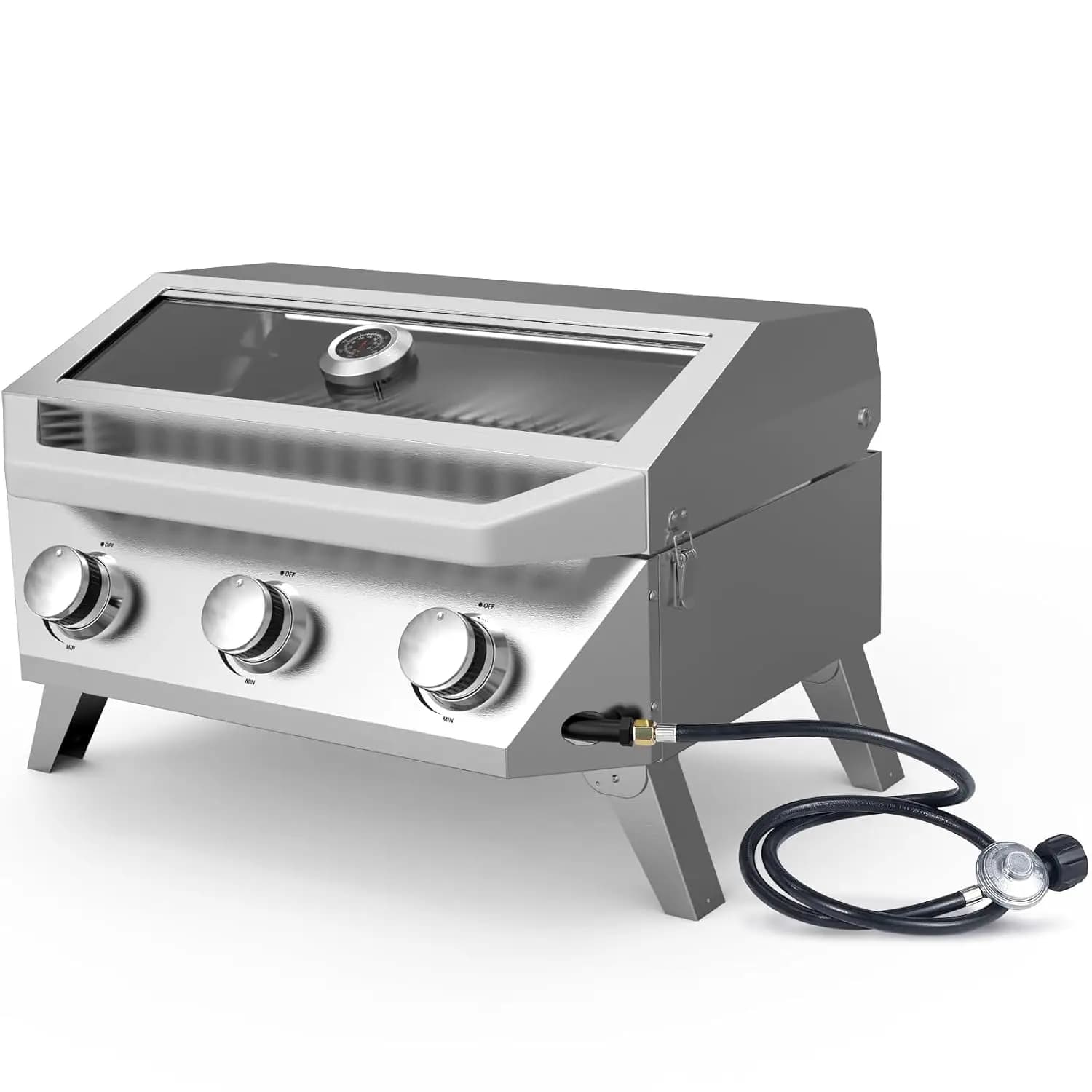 Grill a Gas da Tavolo a 3 Bruciatori 30000 BTU con Finestra in Vetro, in Acciaio Inossidabile, Portatile, a Propano, con Termometro, per Campeggio Esterno, Personalizzabile