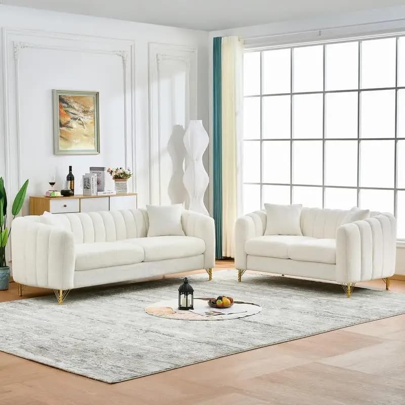 Divano oversize in ciniglia, divano profondo di lusso da 3+2 posti, design moderno trapuntato con gambe in metallo dorato per soggiorno, camera da letto e