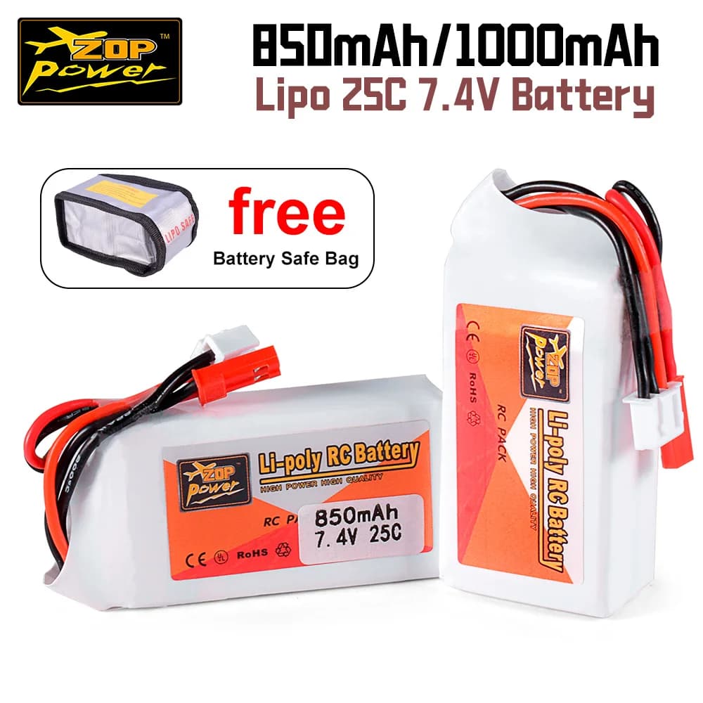 Batteria Lipo ZOP Power 7.4V 25C 850/1000mAh con Connettore JST per Auto RC TRX4M, Camion, Barche, Elicotteri, Droni