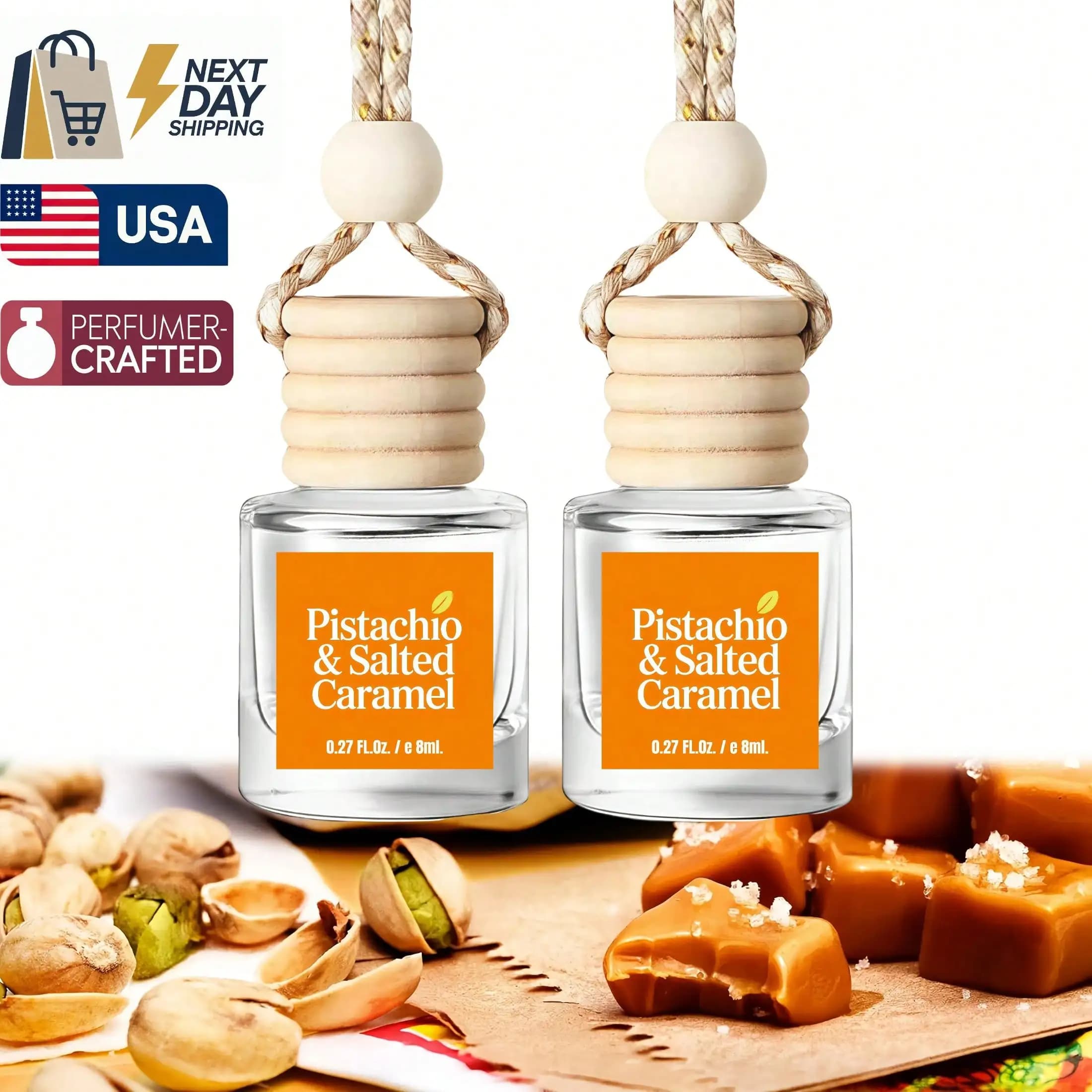 Deodorant for Cars at Pistacchio and Caramello Salato, Pack of 2 Diffusers Appeals for Interior Cars, Sweet Perfume of Long Life