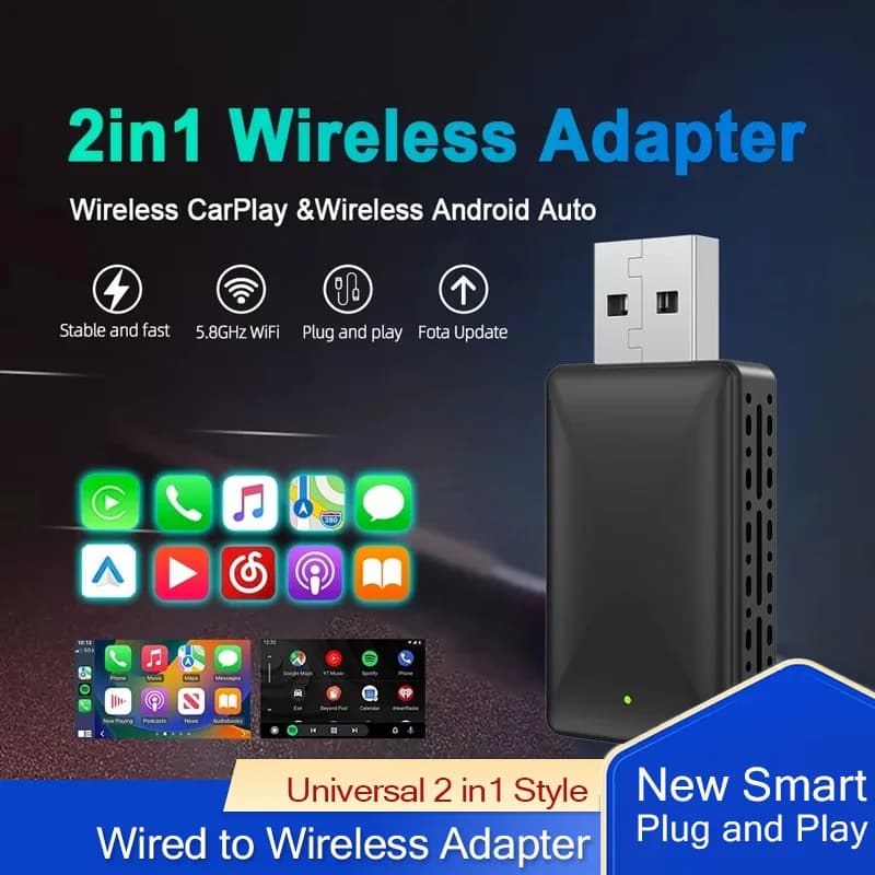 Wireless Carplay Adapter 5G Android Car 2in1 for iPhone Android Phone with USB Plug and Play for Volvo Benz Mg Kia Chery