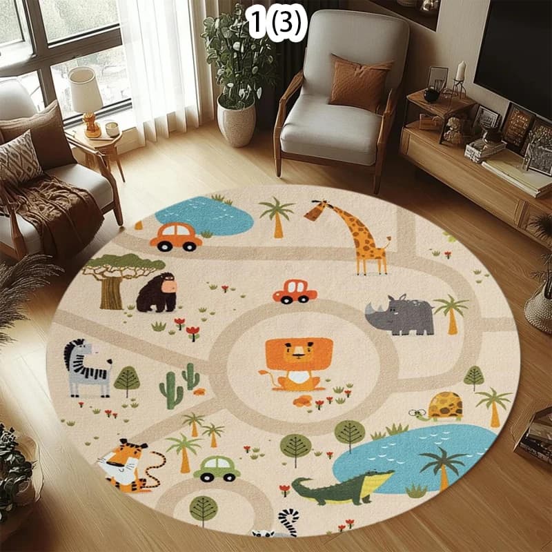 Tappeto Circolare per Bambini con Motivo Dinosauro, Decorazione per Casa, Tappetino Antiscivolo con Cartoni Animati per Soggiorno e Camera da Letto