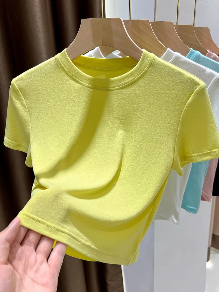 Dopamine Yellow Ice Silk Short Sleeve round Neck T-Shirt Women's High Waist Short Tight Inner Summer Base Shirt Shoulder Leve...