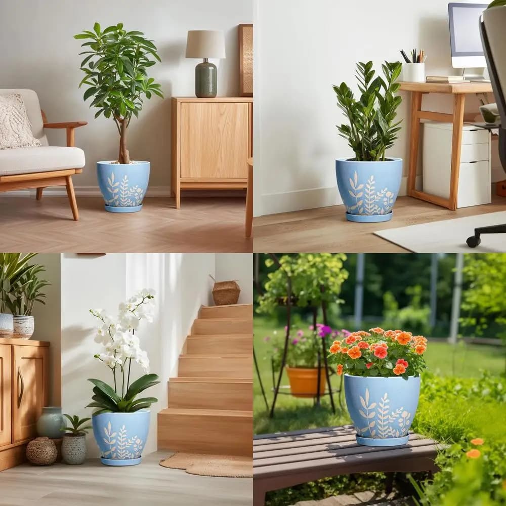 Vaso per Piante Rotondo Stile Boho da 10 Pollici con Drenaggio per Piante da Interno/Esterno, Ideale per Arredamento Casa e Ufficio, Blu