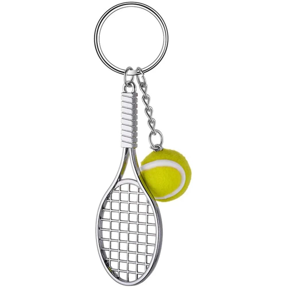 Metal keyring shaped like tennis rack and tennis ball, mini sports keychain, ideal as a gift for teenagers