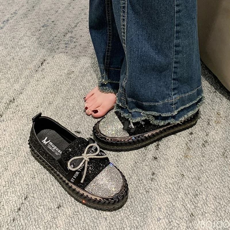Women shoes with flat bottom with rhinestones and sequins large size spring autumn fashion new casual women shoes with thick sole with butterfly knot