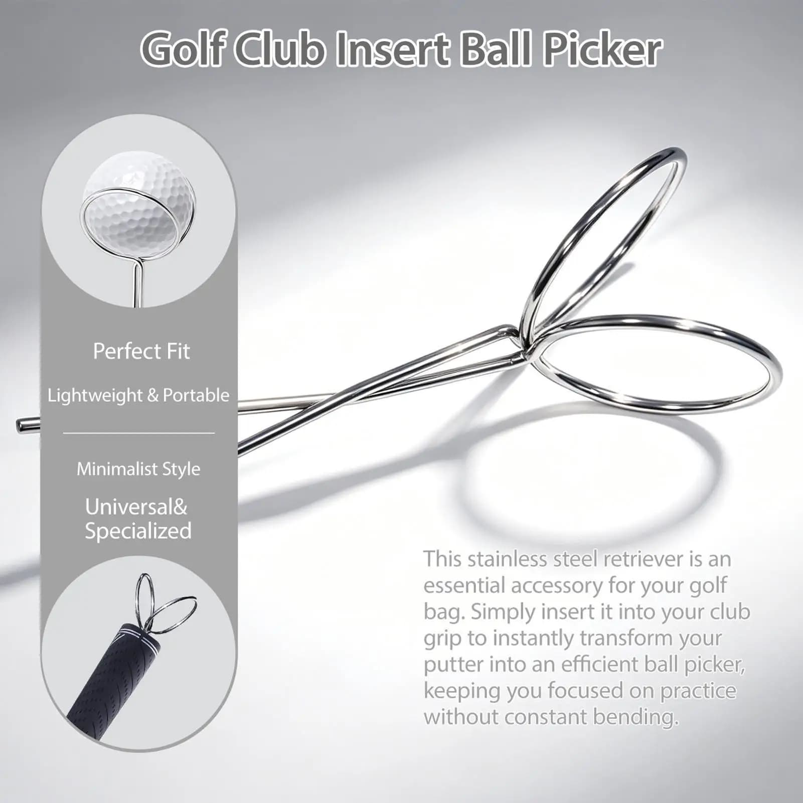 Golf Ball Retriever Portable Insertion-Type Catcher Stainless Putter Grip Golf Retriever Ball For Women Beginner Athlete