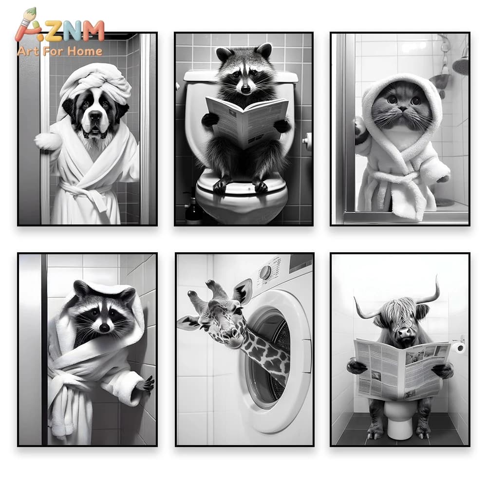 AZNM Funny Bathroom Animal Canvas Wall Art Black White Whimsical Dog Cat Raccoon Highland Cow Humorous Toilet Print Unframed Hom