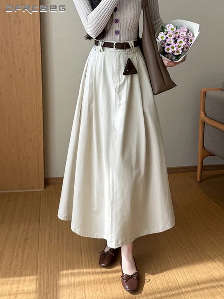 New arrival long trapeze skirt in cotton spring summer for woman, high waist, wide, casual, from office, with belt.