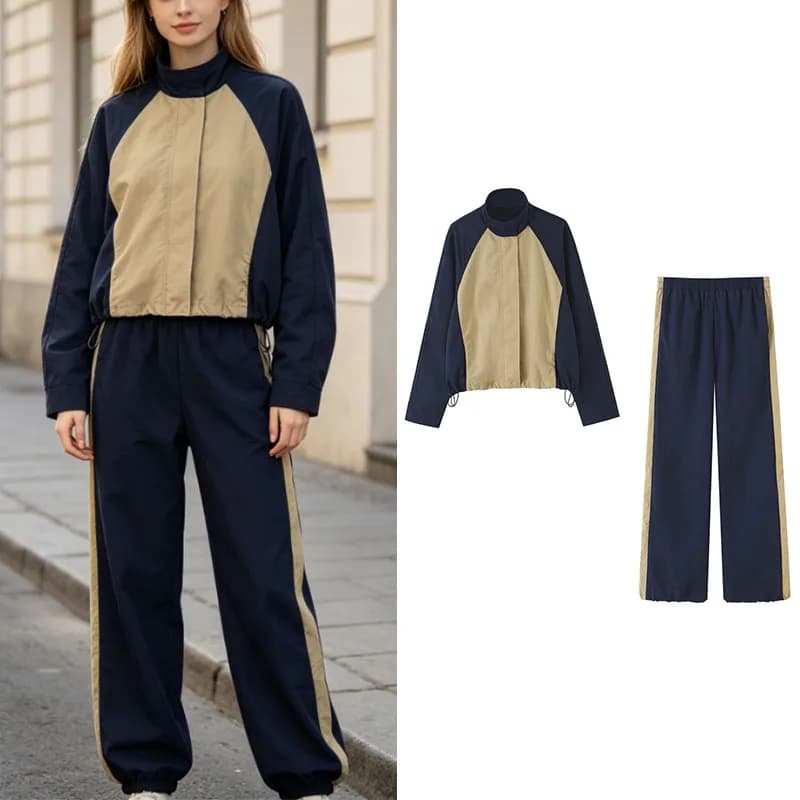 Women's sportswear setstand-collar drawstring cropped jacket elastic waist side-stripe wide-leg pants casual everyday set