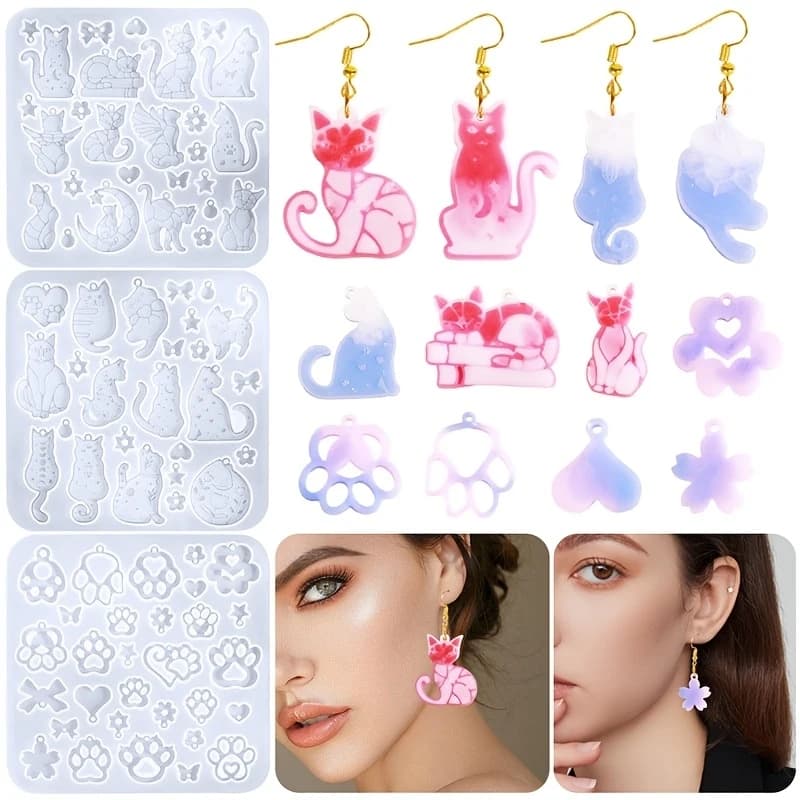 Un set di 3 stampi in resina a forma di gatto - Adatti per portachiavi in resina cristallina, stampi per collane e ciondoli, e orecchini in silicone.