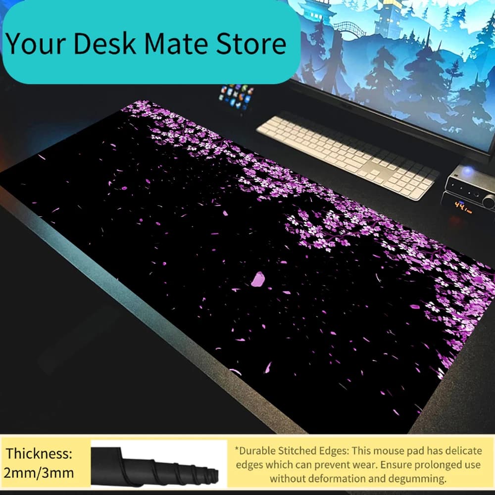 Kawaii desk mat with purple flowers, gaming mouse mat Sakura black, office carpet with cherry blossom 1200x600mm, gamer mouse mat, computer mat