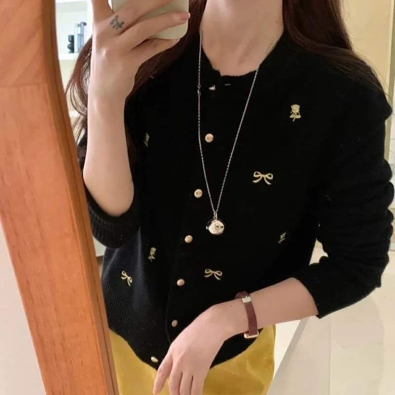 Cardigan lavorato a maglia autunnale con fiocco ricamato coreano per giacca maglione allentata da donna