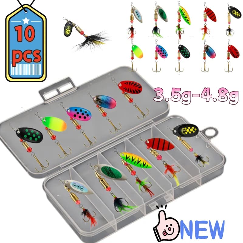 Kit di 10/5 esche artificiali da pesca con spinner in linea, ami triplo e code in piuma, esche metalliche per trota e persico