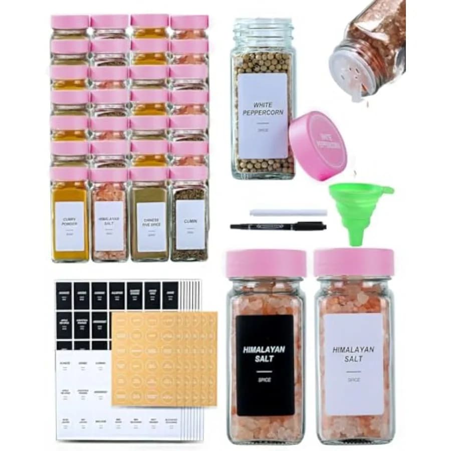 Barattoli in vetro per conservazione, barattoli in vetro per spezie con etichetta - Contenitori per spezie da 4 oz con coperchi e coperchi dosatori, 3 set di etichette per spezie, 1 coperchio richiudibile
