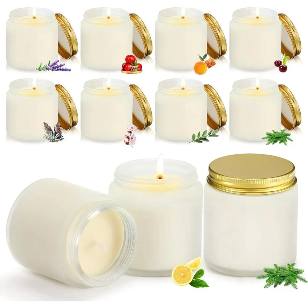 50 Pezzi Mini Candele in Barattolo di Vetro 3.5oz Profumate Piccole Candele in Barattolo Confezione da 10 Fragranze Set Regalo Aromaterapia o Bomboniere Matrimonio