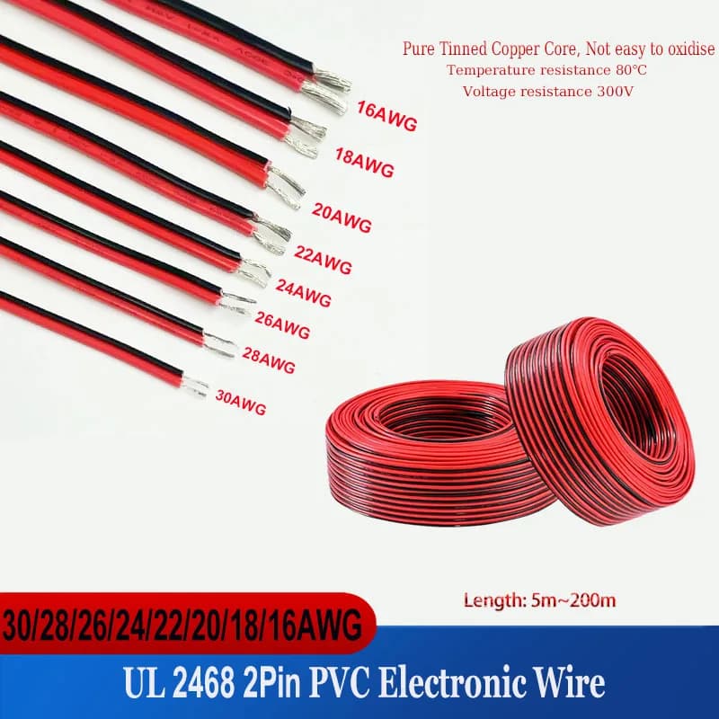 Cavo rosso-nero isolato in PVC rame stagnato per conduttore elettrico a 2 pin per cavo di prolunga per striscia LED 16 18 20 22 24 26 28 30AWG