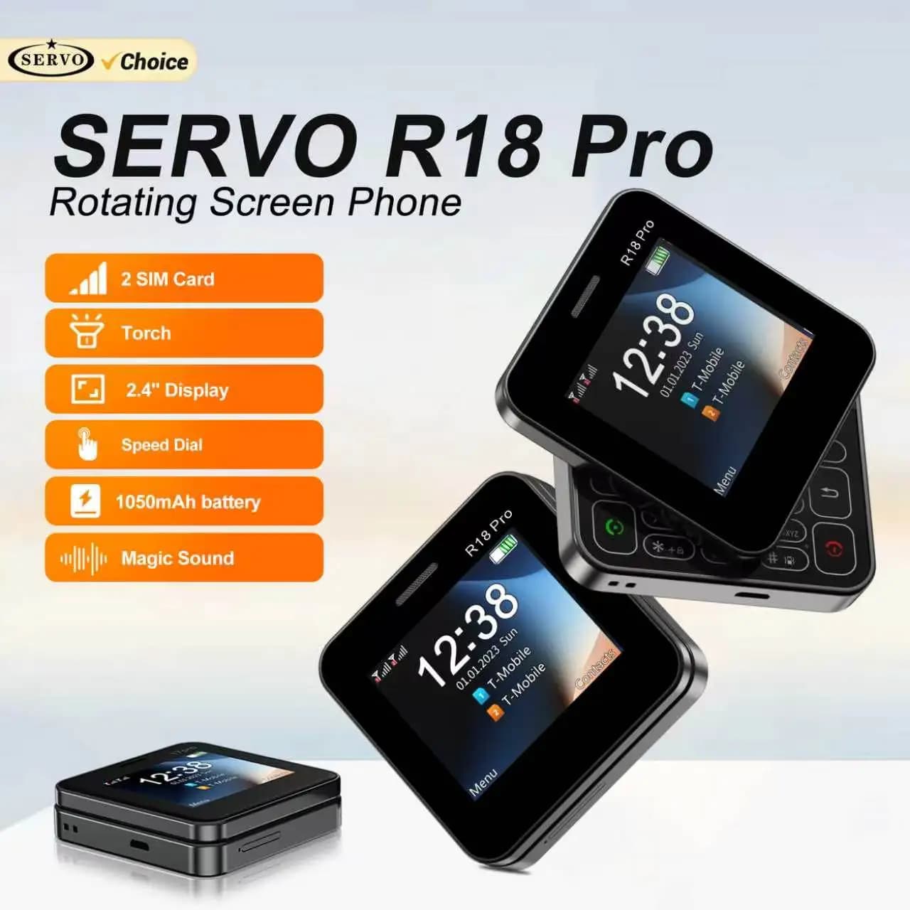 SERVO R18 PRO Mini Telefono Cellulare Rotante con Funzione Magic Voice, Chiamata Rapida, Blacklist, 2G GSM, Schermo da 2.4", Telefono con Apertura Laterale, Dual SIM Standby