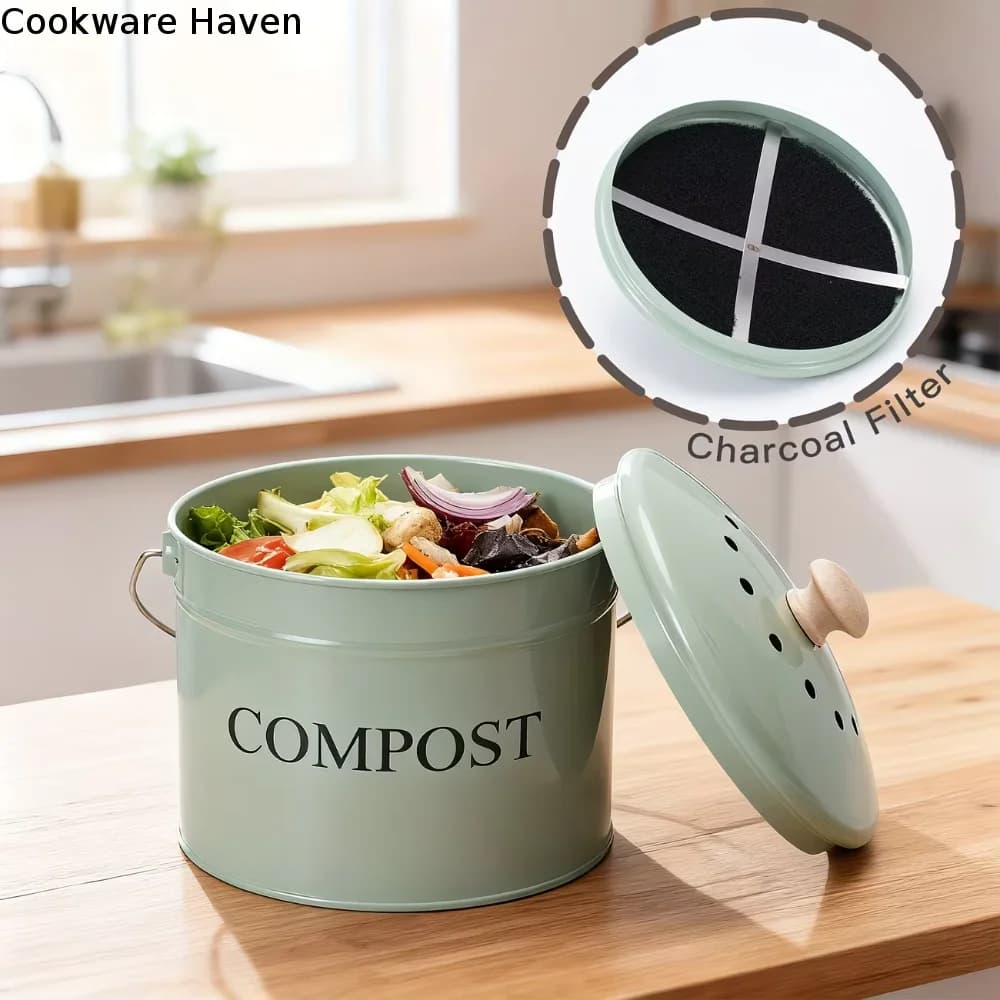 Odorless Kitchen Compost Bucket Activated Charcoal Filtration with Lid Food Waste Composting Bin Round Metal Kitchen Trash Bin
