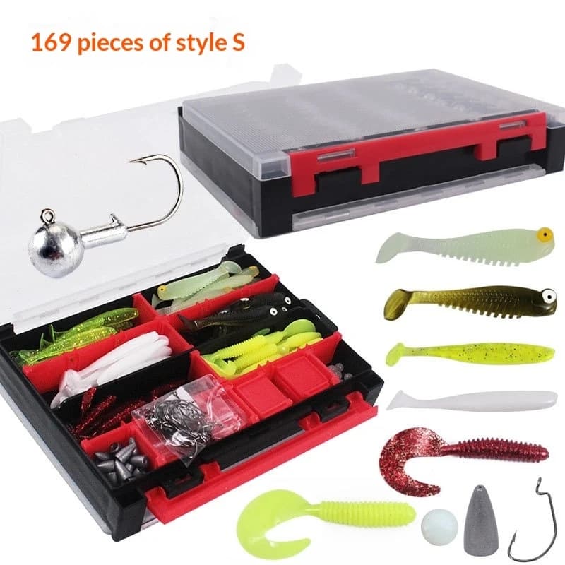 Kit di 169 Esche Morbide per la Pesca con Teste Piombate, Ami, Piombi, Perline e Scatola Porta Attrezzi per Spigola, Luccio e Persico