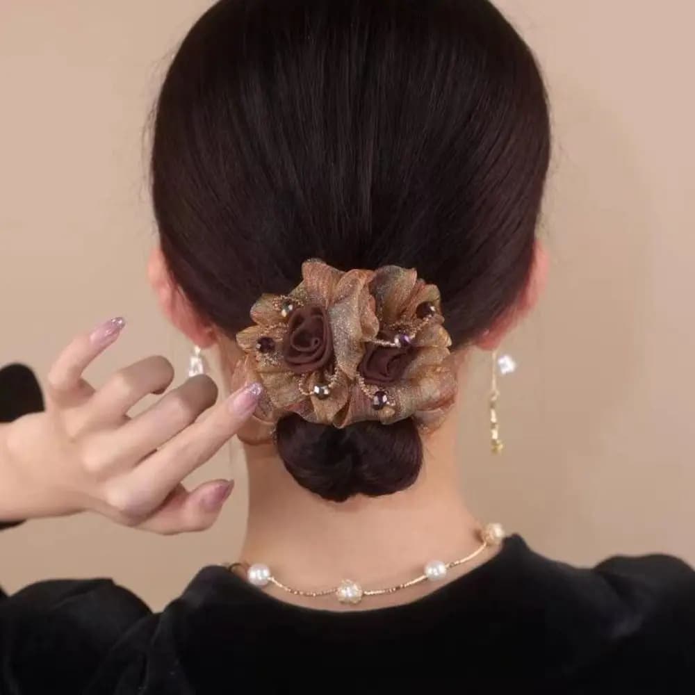 Crystal Bead Hair Scrunchies All-match Female Hair Accessories Korean Style Headwear Silk Yarn Rubber Band Flower Hair Rope