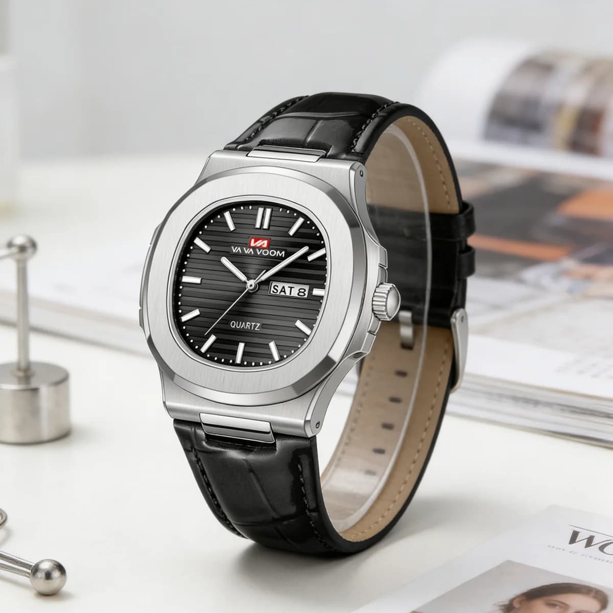 Orologio da Uomo in Pelle Nera, Classico con Cassa Ovale Argento 40mm, Doppio Calendario, Movimento al Quarzo, Impermeabile 3Bar, Orologio Sportivo Casual per Uomo