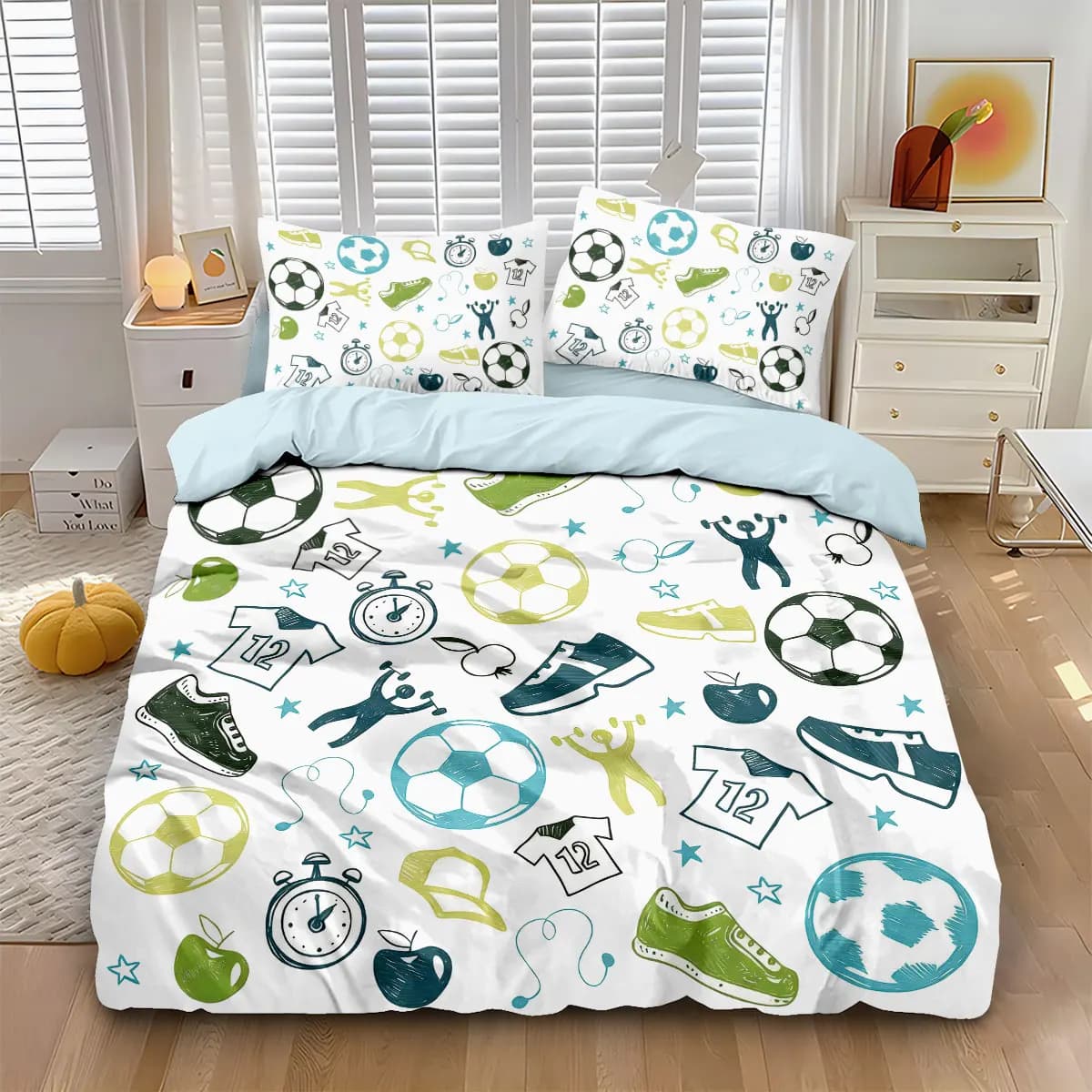 Set nucleusless duvet cover with scratched football theme print, 3 pieces, bedroom decoration in different sizes, washing machine