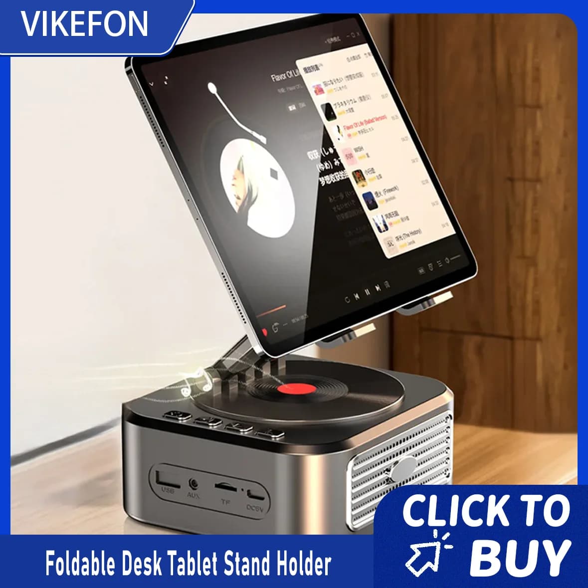 360 ° Supporto da Tavolo Girevole e Pieghevole per Tablet e Smartphone con Altoparlante Bluetooth Wireless Stereo e Box Audio USB
