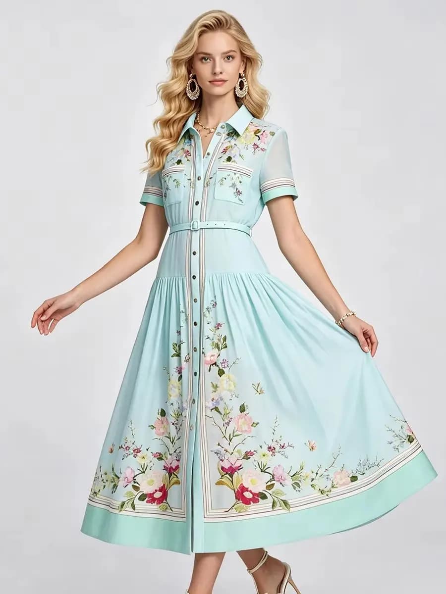 Elegant Floral Printted Summer Dresses Women Short Sleeve Single Breasted Shirt Collar A Line Midi Dress Vacation Vestidos