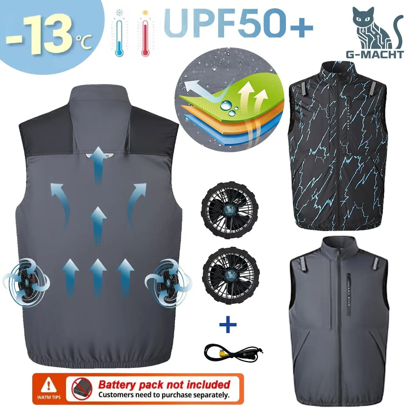 G-MACHT Gilet Rinfrescante Estivo con Ventola Integrata, Abbigliamento Climatizzato USB a Maniche Corte per Lavoro all'Aperto, Pesca e Protezione Solare