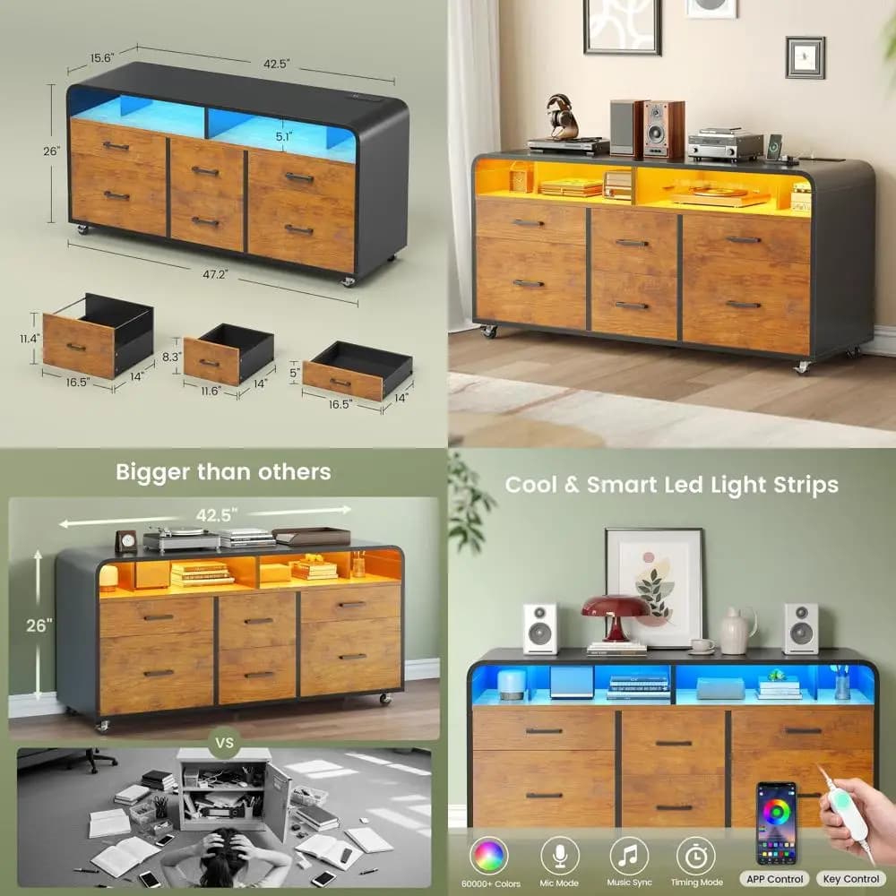 47 Sideboard in rustic brown wood with slippers, shelves and LED lights for legal documents/letters/ A4