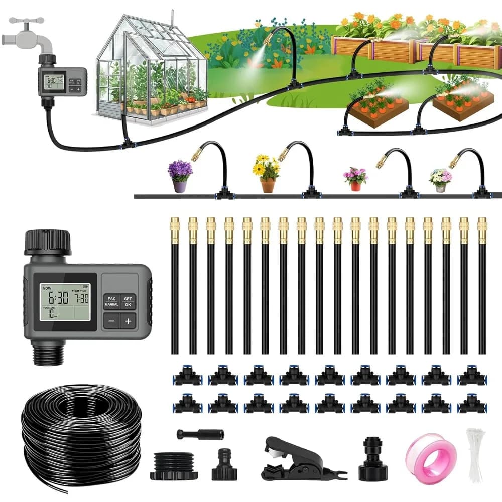 Automatic drip irrigation system kit with water timer 360 ° Adjustable nozzles for hose for garden plants