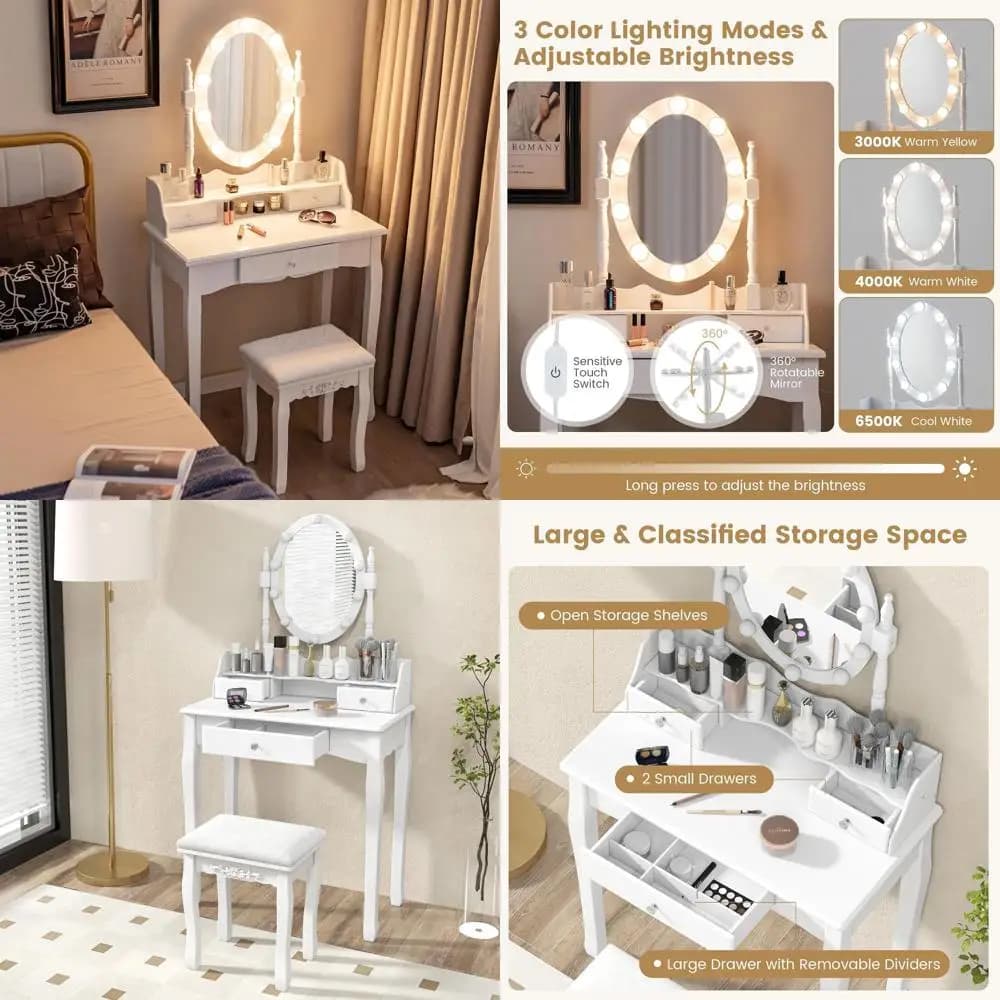 Girls Makeup Vanity Desk with Lights, Vanity Table with Lighted Mirror, 3 Lighting es, Adjustable Brightn, ern Makeup T