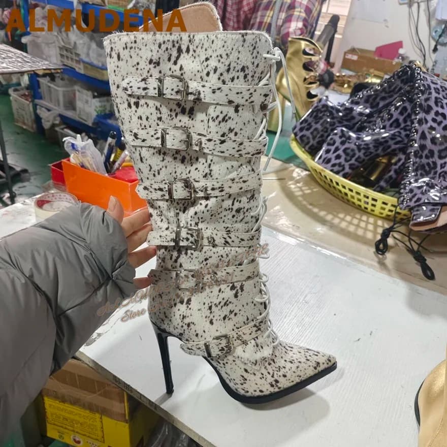 ALMUDENA Knee-high boots with white and black ham stains cow leather pattern High heeled shoes for autumn winter clothes