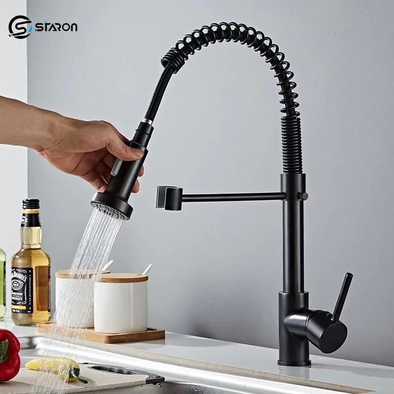 STARON Rubinetto da cucina in nichel spazzolato Miscelatore da piano Rotazione a 360 gradi Ugello spruzzatore a flusso Lavello da cucina Rubinetti caldi e freddi