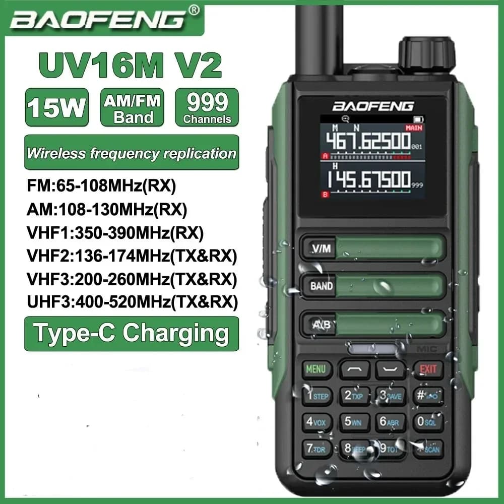 Baofeng UV16M V2 Walkie Talkie 15W 50KM A Lungo Raggio 999CH Ham Radio FM UHF VHF TypeC Carica INC Riduzione del Rumore Radio a 2 Vie