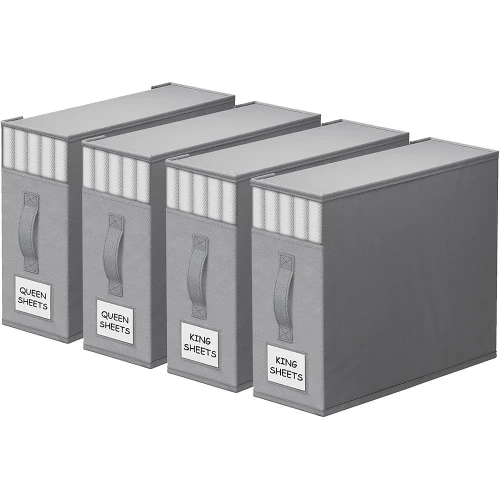 Set di 4 Organizzatori Durevoli per Lenzuola con Finestra e Etichette per una Conservazione Efficiente di Biancheria da Letto, Piumoni e Coperte (Grigio)