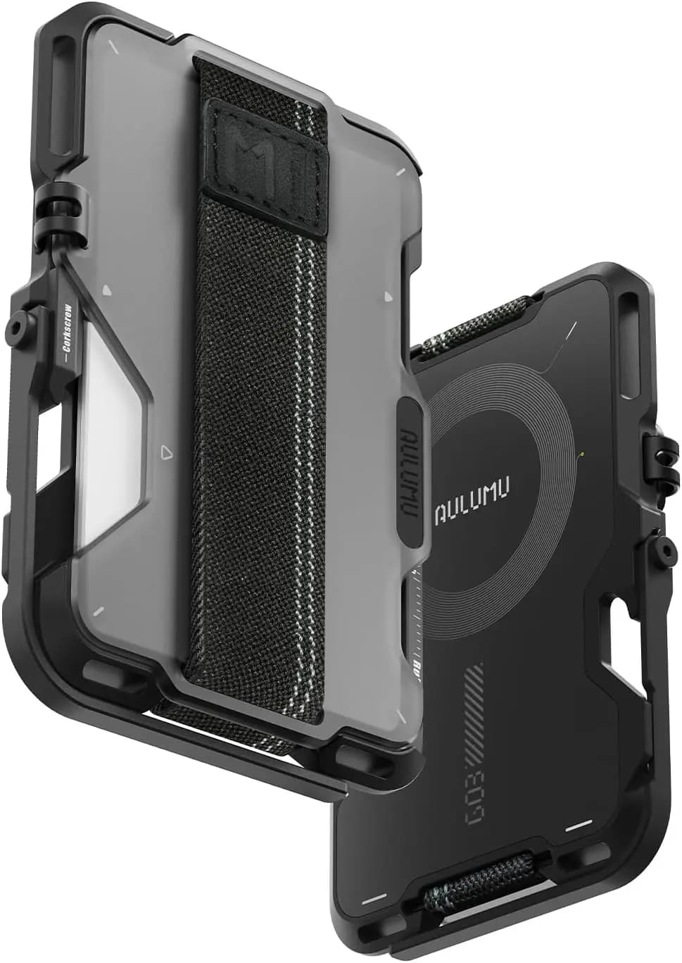 Portacarte Magnetico con Supporto, Impugnatura, Apribottiglie e Protezione RFID, Grigio Traslucido