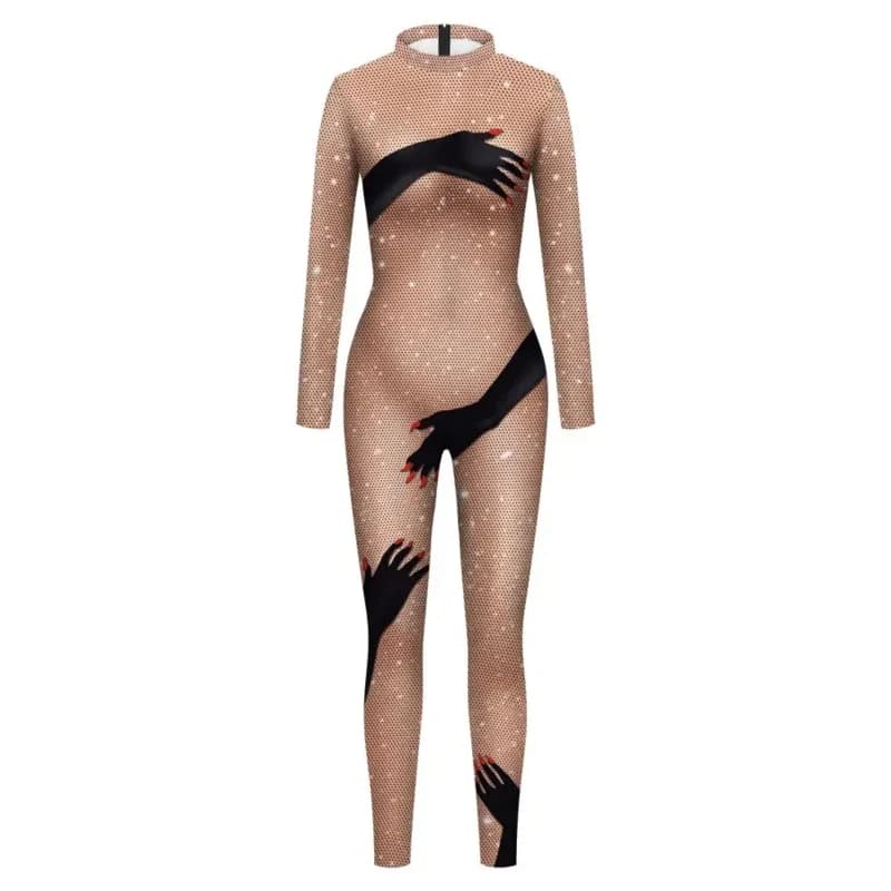 Mani nere Touch Shinny Body Print Sexy Beyonce Tuta da donna Costumi Carnevale Cosplay Manica lunga Tuta femminile