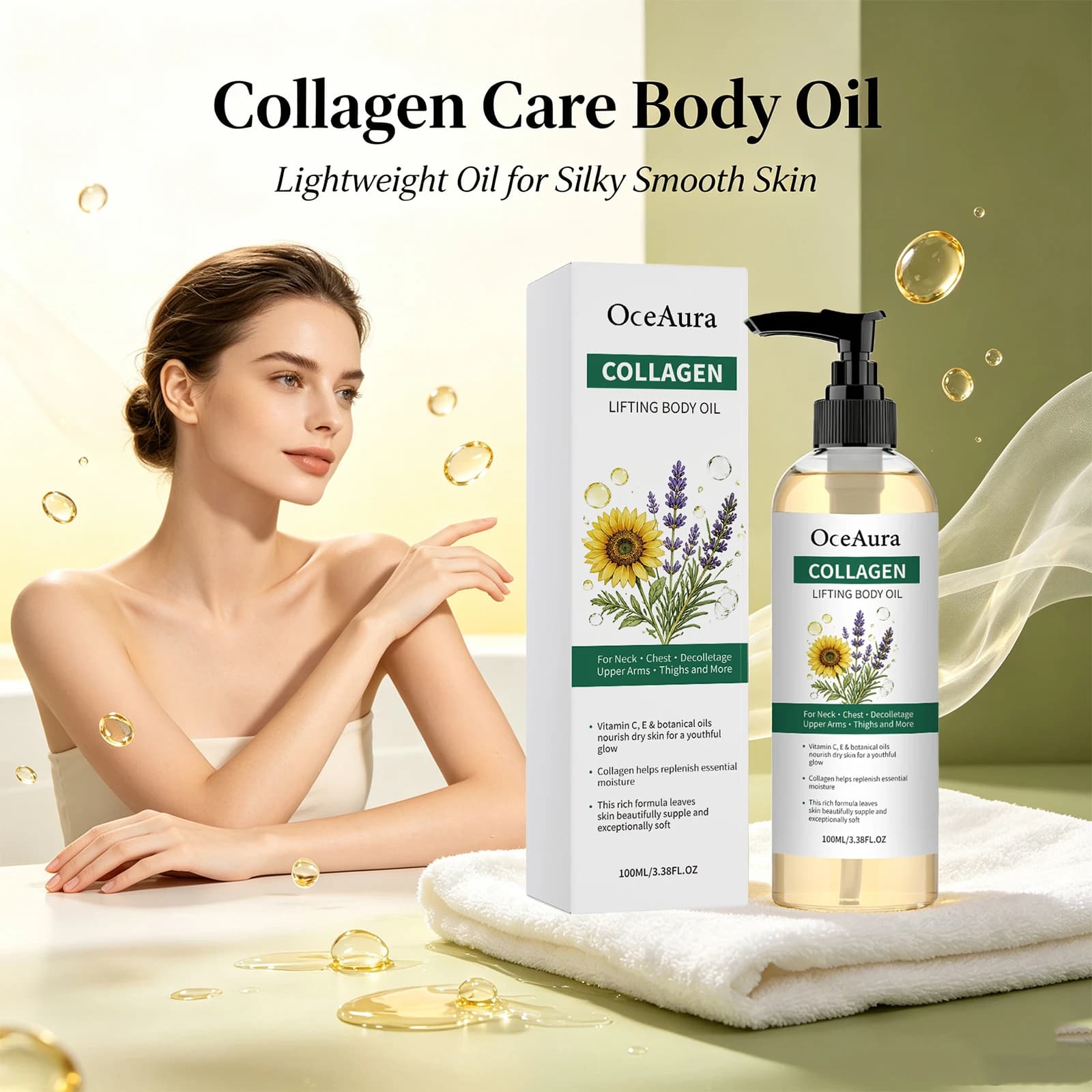Collagen Body Oil for Neck Chest Thighs Arms, Improve Dry Rough Skin Nourish Body Oil Smooth Fine Lines Deep Hydration Skin Care