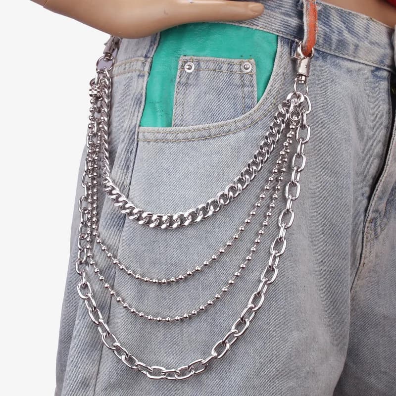 Punk Y2K Triple Layer Mixed Link Waistband Matte Silver Thick Thin Oval Chain Interlinked Jean Hip Chain