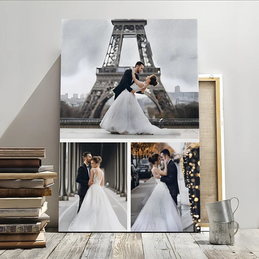 2D flat-1pc Framed Canvas Canvas Collage - Custom Multi-Image Wall Art with Eiffel Tower Wedding Scene, Personalized Photo Print for Bedroom, Living Room, or Hallway Decor, Ideal Gift for Home Decoration, Wall Decor-Wrapped Canvas