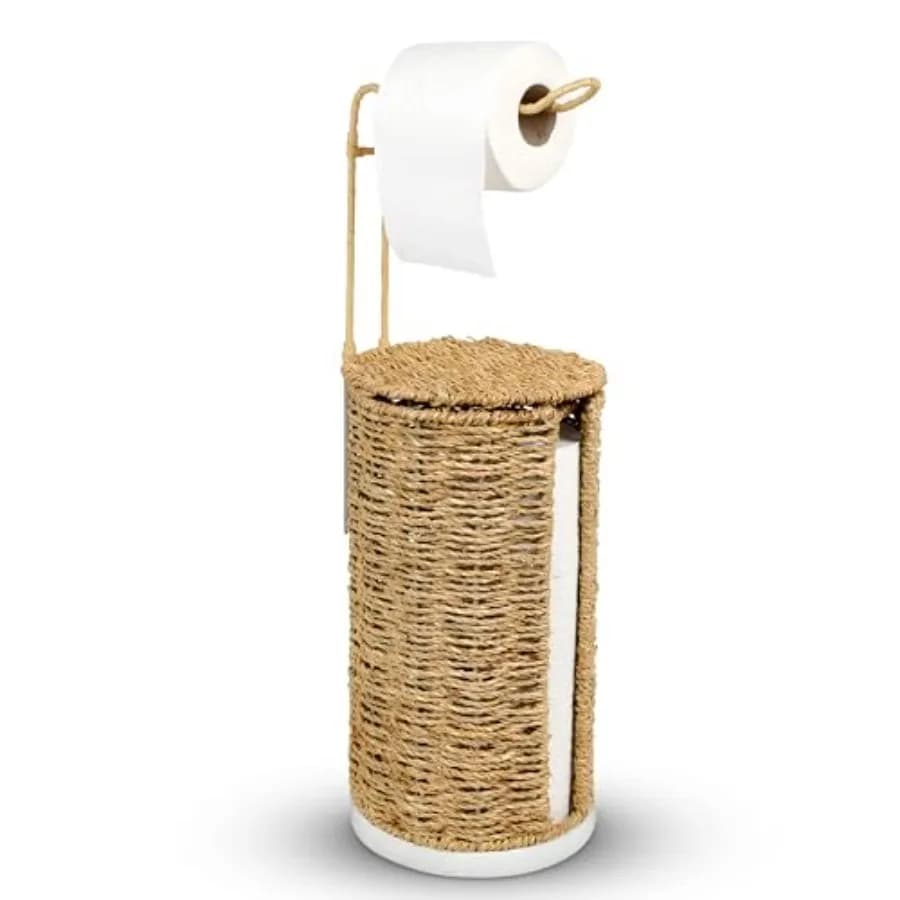 Freestanding Wicker Toilet Paper Holder with Lid, 3 Rolls of Toilet Tissue Storage, Rattan Handmade Woven Toilet Paper Roll Hol