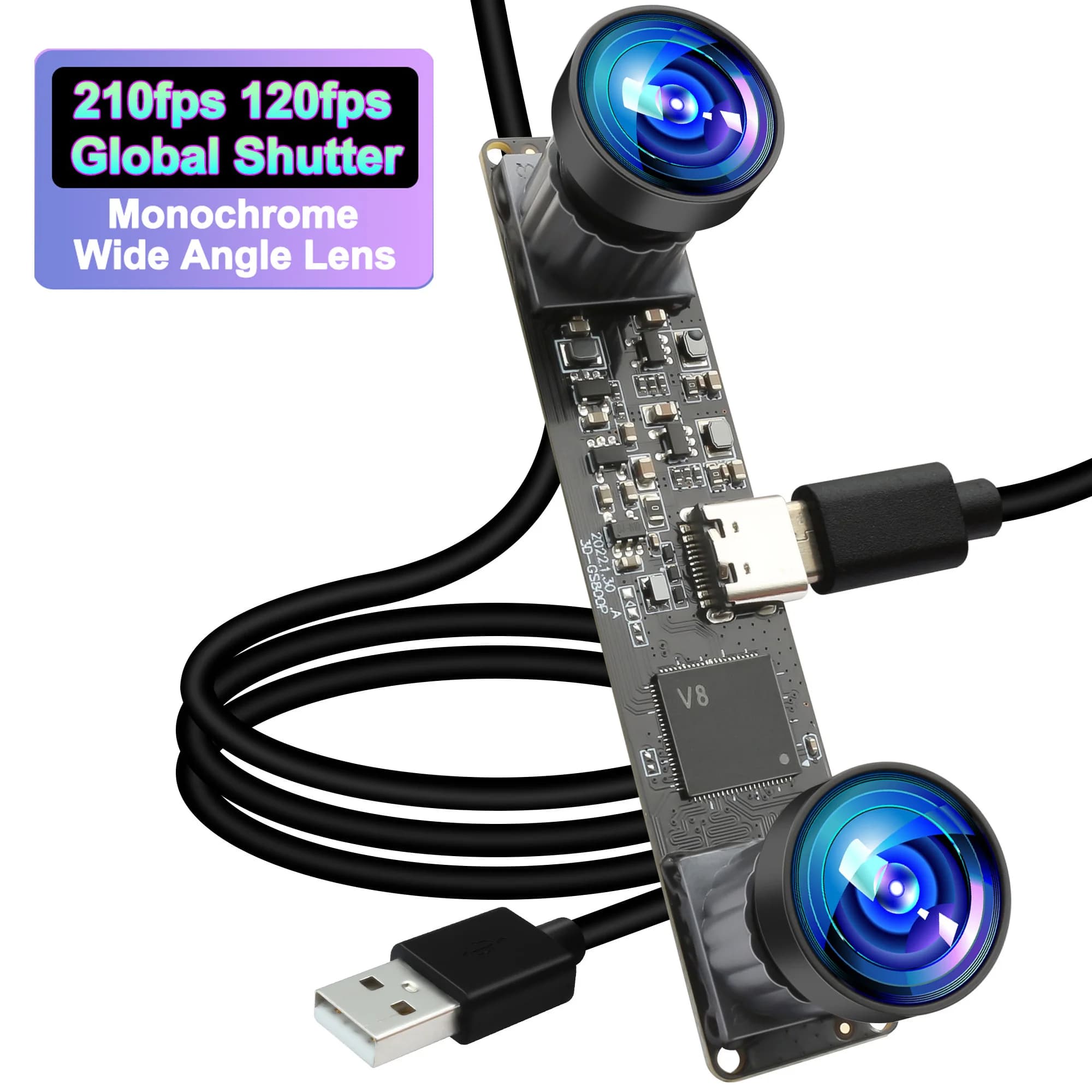 800P Monochrome 3D Stereo Fisheye Dual Lens USB Camera OV9281 CMOS 210fps 120fps 2560x800 High Speed Webcam for PC, Raspberry Pi