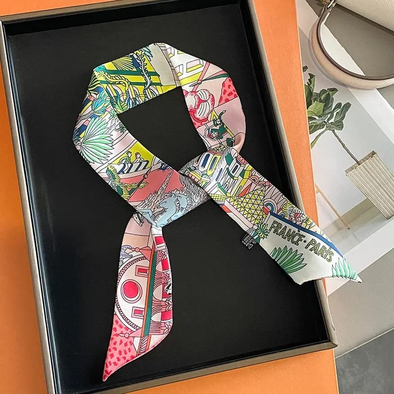 Leatherny Silk Ribbon Scarf with Luxury Design Horse Print Woman 5x85 cm Soft Satin Hair Band Women's Scarf Floral Charm Bag