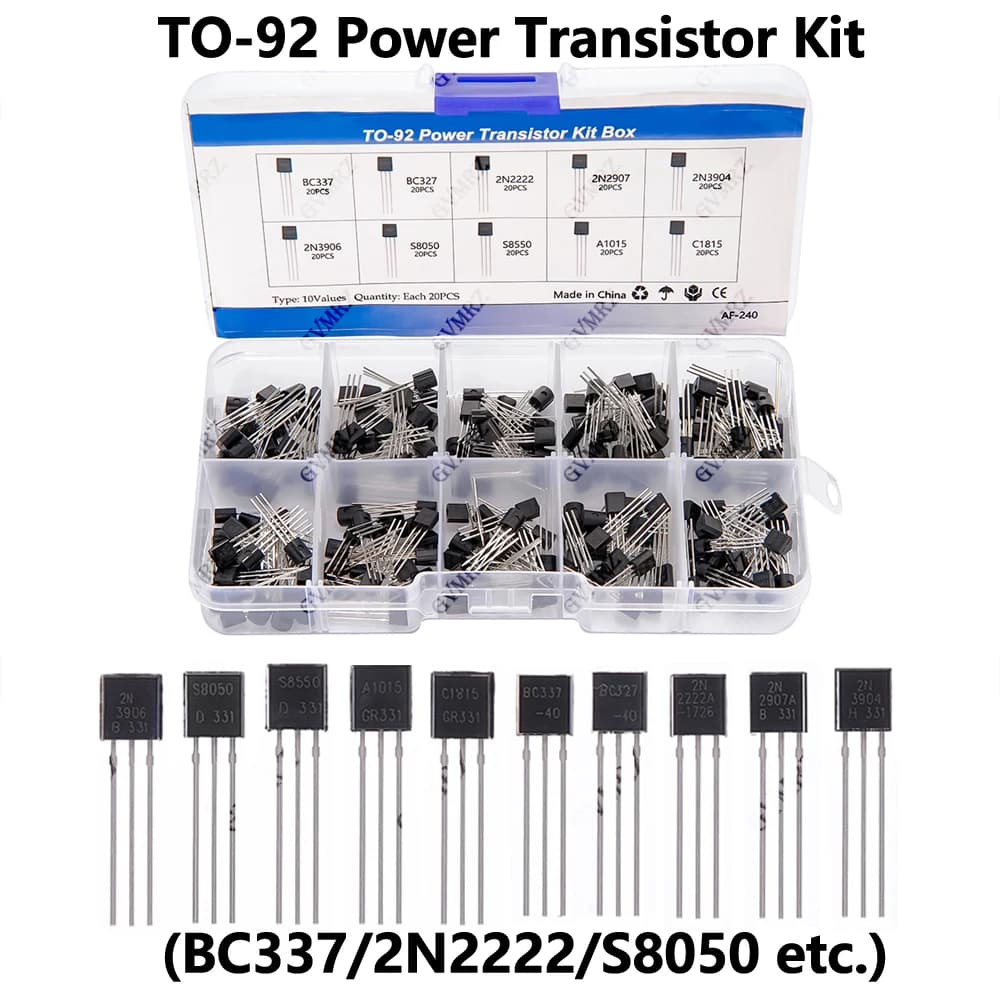 Kit transistor di potenza TO-92 da 200 pezzi, 10 valori (BC337/2N2222/S8050 ecc.) Progetto Elettronico Fai-da-Te per Arduino BC337 2N2222