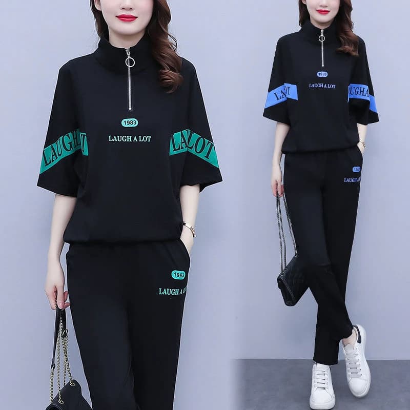 Set Sportivo Casual alla Moda per Donna, Nuova Tendenza Estiva con Stampa, Felpa a Maniche Corte, Versatile e Anti-invecchiamento, Due Pezzi
