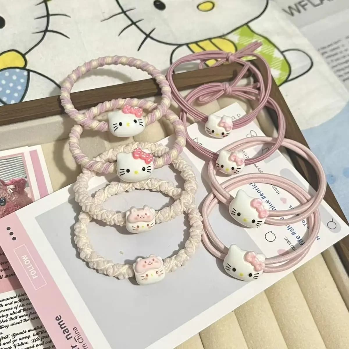 Cute Hello Kitty Pink Ins Bow KT Hair Ring Headband Cartoon Rubber Band Girl Hair Accessories Student Hair Rope Makeup Decor Toy