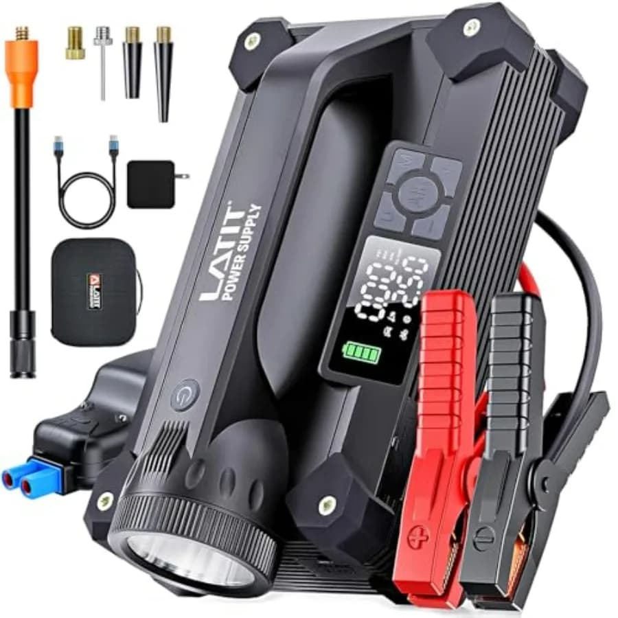 Avviatore di Emergenza Portatile 6000A con Compressore d'Aria 65W, Ricarica Rapida 28000mAh, Gonfiatore Pneumatici 150PSI 12V per Motori a Benzina 10L/Diesel 8L